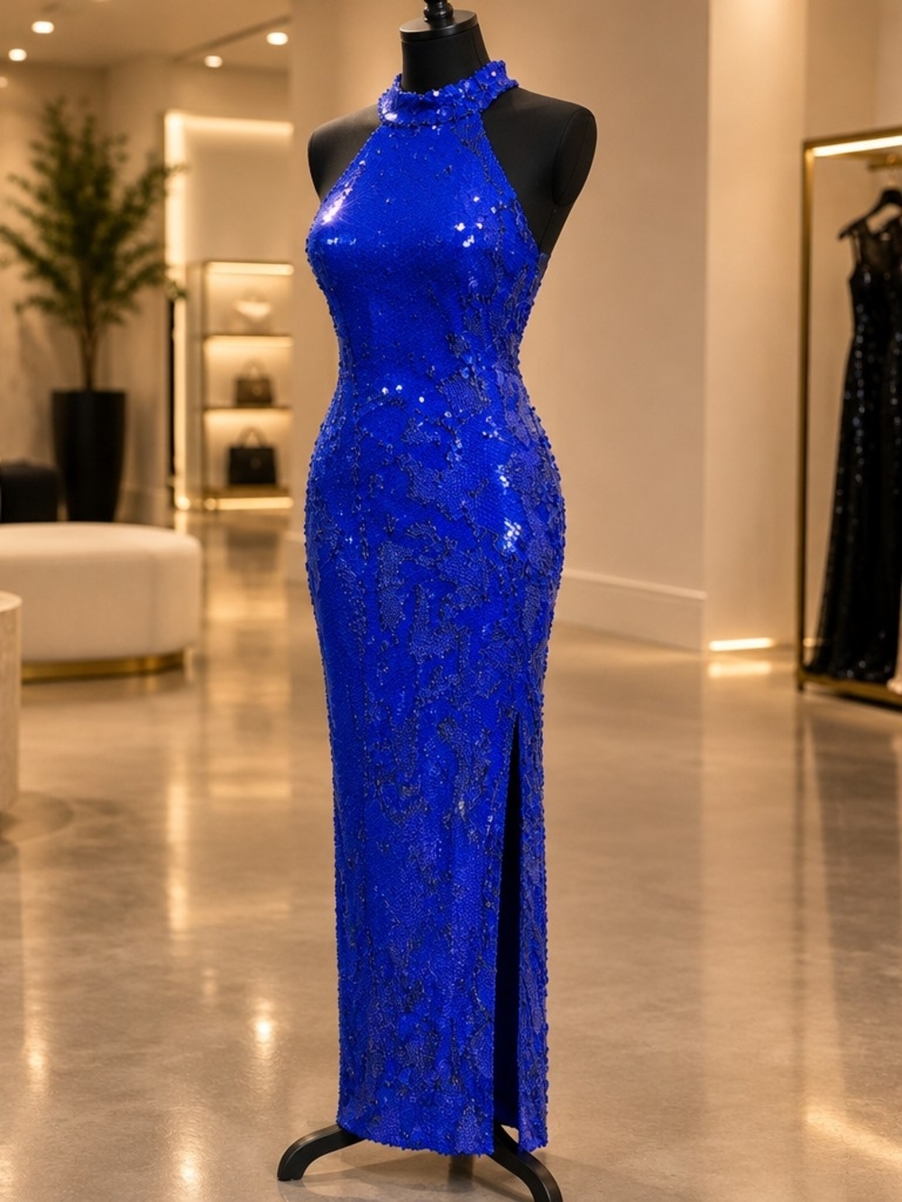 Zara Blue Sequin Midi Dress Halter Neck Front Slit BLOGGER FAVORITE Size S